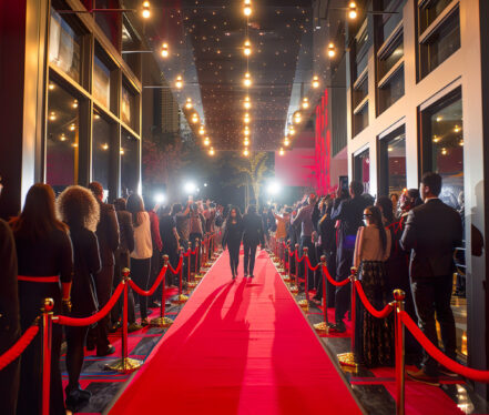 A red carpet is laid out in a large room with a crowd of people walking down it. Scene is celebratory and festive, as the people are likely attending a special event or ceremony