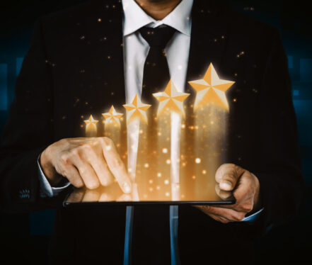 Customer review satisfaction feedback survey concept. User give rating to service experience on online application. Customer can evaluate quality of service lead to reputation ranking of business. uds